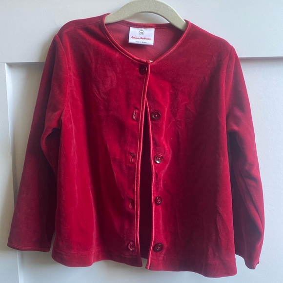Hanna Andersson, red velvet cardigan, satin trimmed, size 100 (4). EUC. - Picture 2 of 5